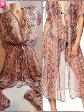 Betsey Johnson Pink Snake Print Long Sheer Kimono Swim Cover-up OS One Size